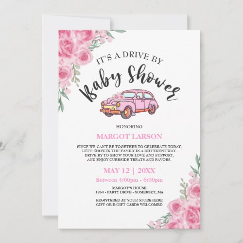 Pink Floral Car Drive By Baby Shower Rose Decor Invitation