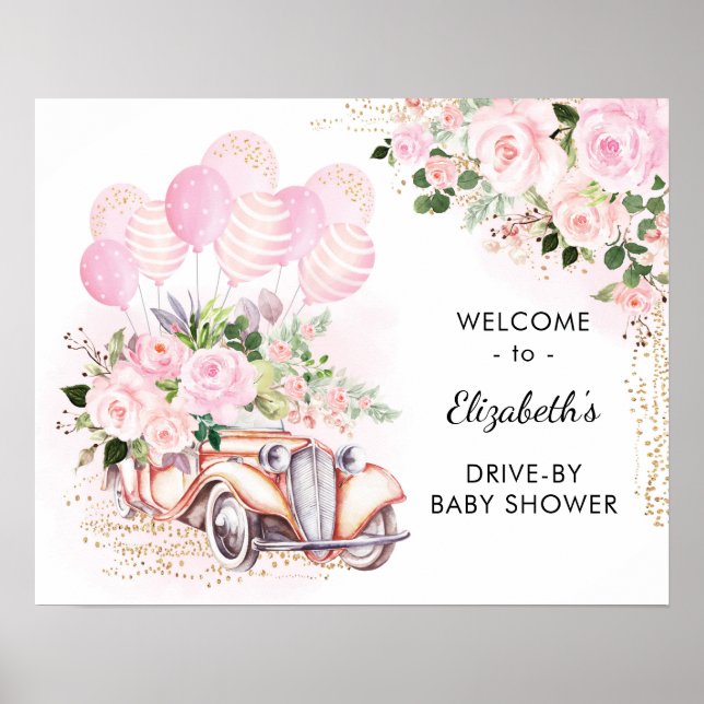 Pink Floral Car Drive By Baby Shower Welcome Poster (Front)