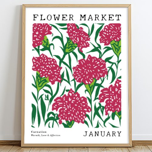 Pink Floral Carnation January Birth Flower Market Poster
