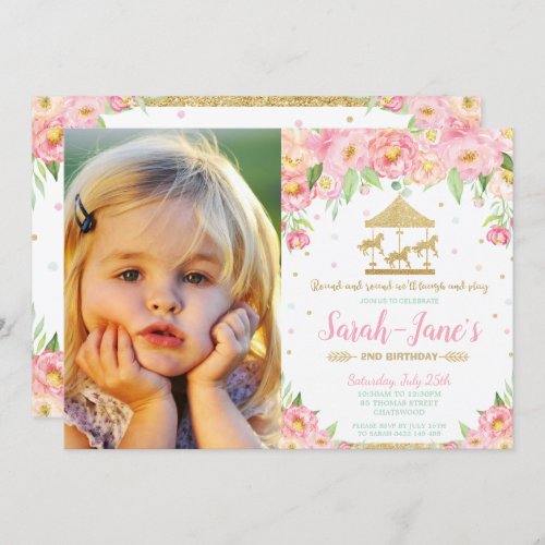 Pink Floral Carousel 1st Birthday Girl with Photo Invitation