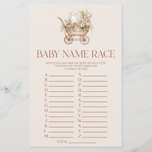 Pink Floral Carriage Name Race Baby Shower Game