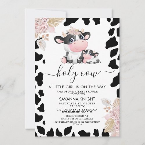 Pink Floral Cartoon Holy Cow Cow Print Baby Shower Invitation
