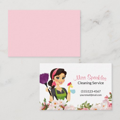 Pink Floral Cartoon Maid House Cleaning Service Business Card | Zazzle