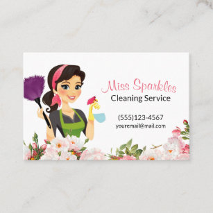 Pink Floral Cartoon Maid House Cleaning Service Business Card