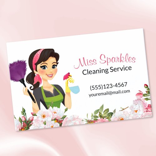 Pink Floral Cartoon Maid House Cleaning Service Business Card