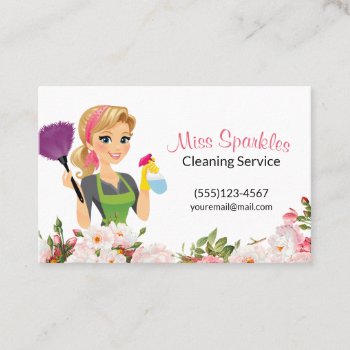 Pink Floral Cartoon Maid House Cleaning Services Business Card by tyraobryant at Zazzle