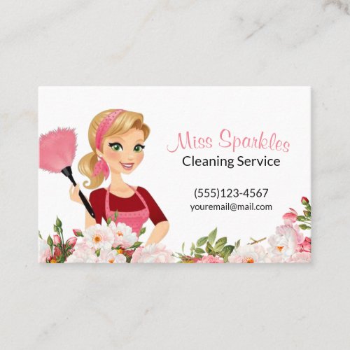 Pink Floral Cartoon Maid House Cleaning Services Business Card