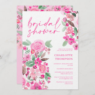 Pink floral casual script bridal shower invitation
