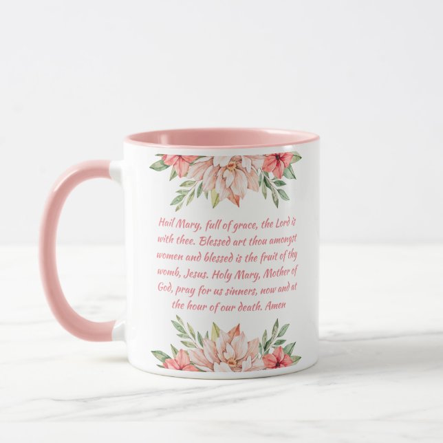 Pink Floral Catholic Hail Mary Prayer Mug (Left)