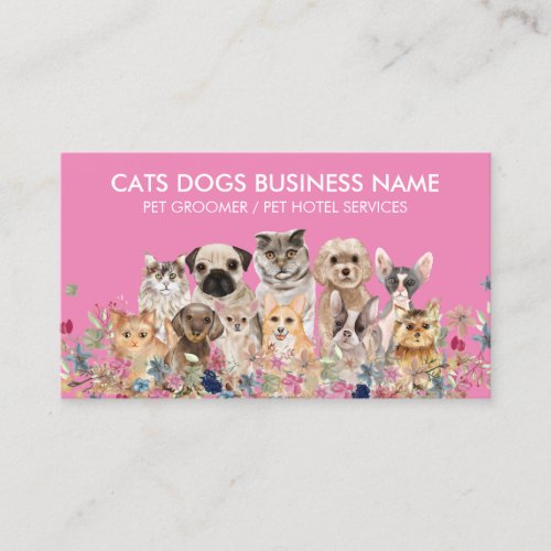 Pink Floral Cats Dogs Pet Groomer Business Card