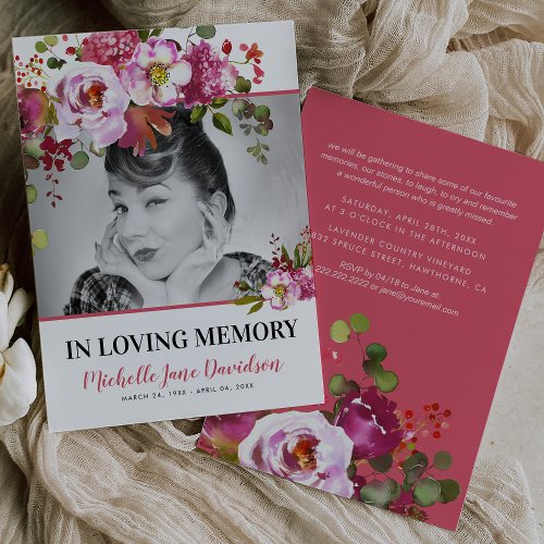 Pink Floral Celebrating Life  Photo Funeral Invitation