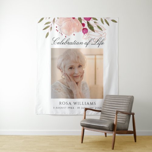 Pink Floral Celebration of Life Funeral Memorial  Tapestry