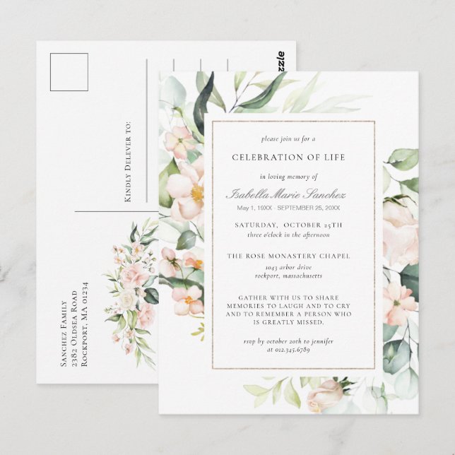 Pink Floral Celebration of Life Funeral Postcard (Front/Back)