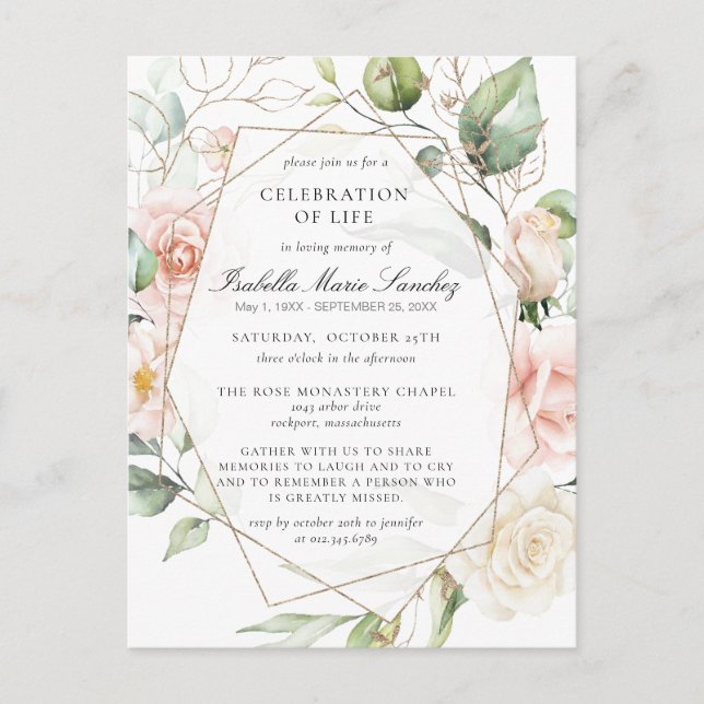 Pink Floral Celebration of Life Funeral Postcard (Front)