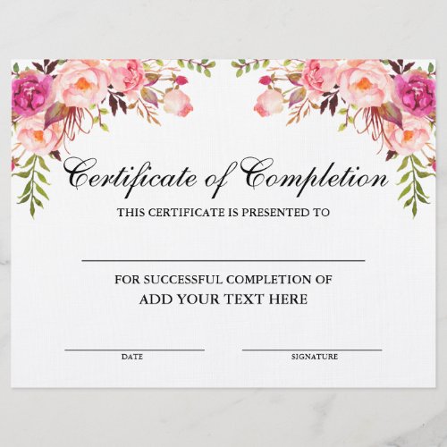 Pink Floral Certificate of Completion _ Your Text