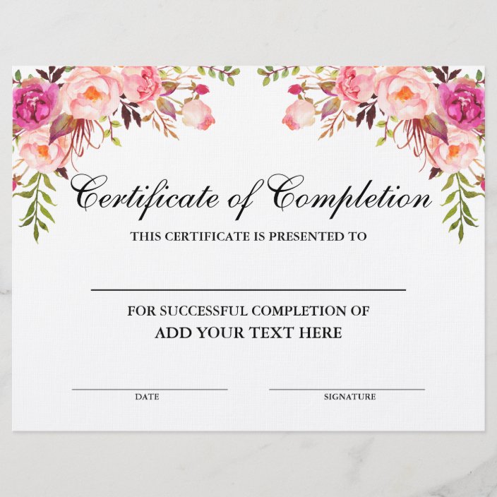 Pink Floral Certificate of Completion Your Text