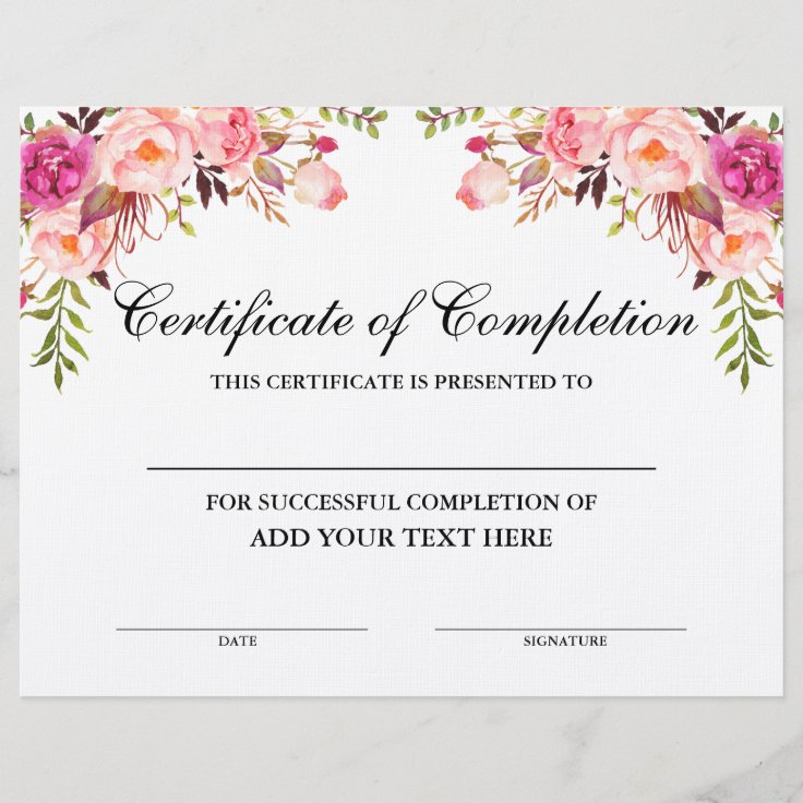 Pink Floral Certificate of Completion Your Text Zazzle
