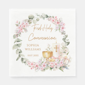 Pink Floral Chalice First Holy Communion  Napkins
