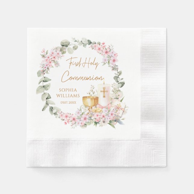 Pink Floral Chalice First Holy Communion  Napkins (Front)