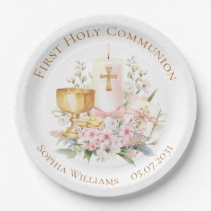 Pink Floral Chalice First Holy Communion  Paper Plates