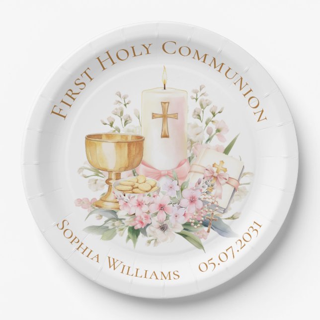Pink Floral Chalice First Holy Communion  Paper Plates (Front)