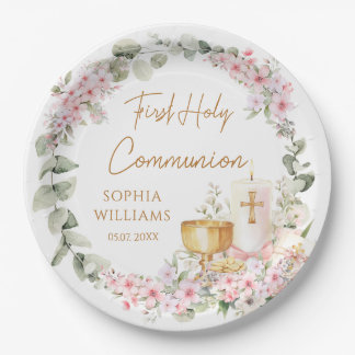 Pink Floral Chalice First Holy Communion  Paper Plates