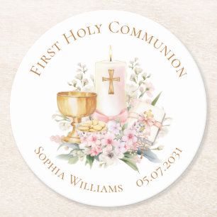 Pink Floral Chalice First Holy Communion  Round Paper Coaster