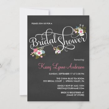 Pink Floral Chalkboard Bridal Shower Invites by weddingtrendy at Zazzle