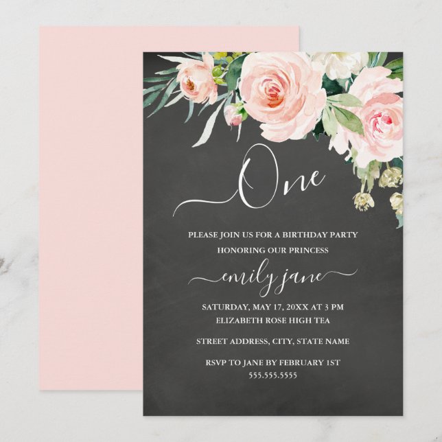 Pink Floral Chalkboard First 1st Birthday Party Invitation (Front/Back)