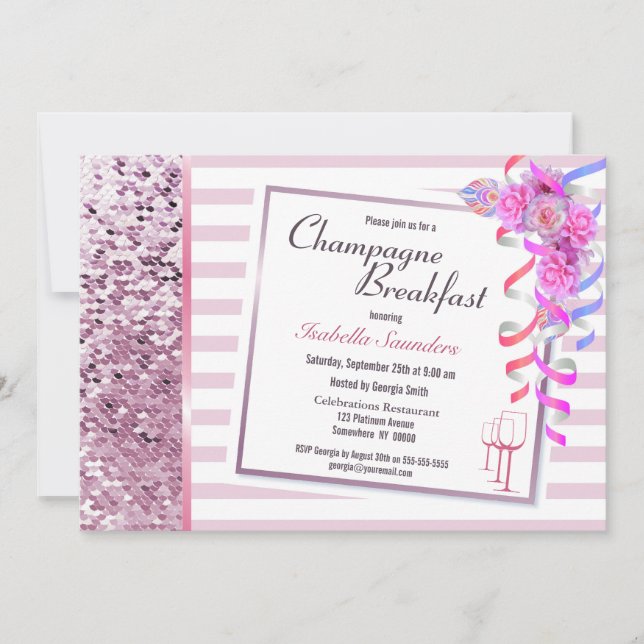 Pink Floral Champagne Breakfast Bridal Shower Invitation (Front)