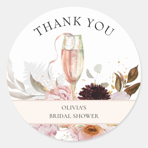 Pink Floral Champagne Bridal Shower Classic Round Classic Round Sticker