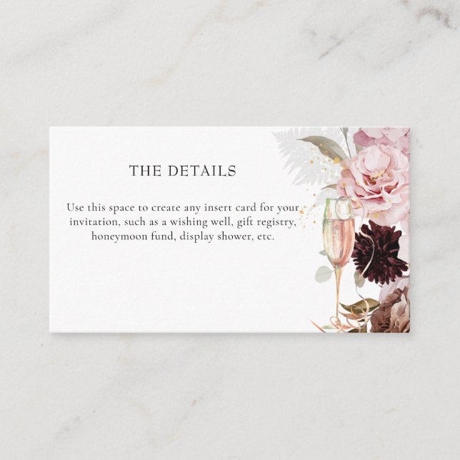 Pink Floral Champagne Bridal Shower  Enclosure Card (Front)