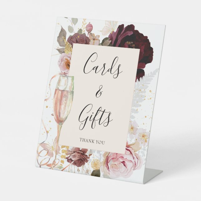 Pink Floral Champagne Bridal Shower  Pedestal Sign (Front)