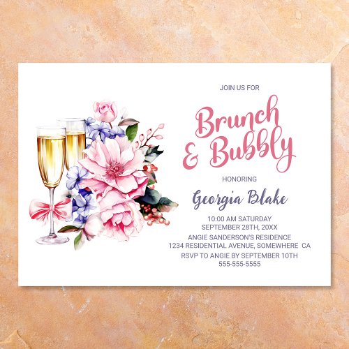 Pink Floral Champagne Brunch and Bubbly Invitation