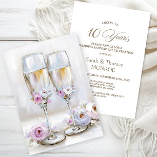 Pink Floral Champagne Glasses 10th Anniversary Invitation
