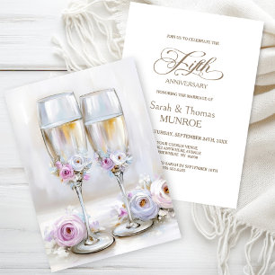 Pink Floral Champagne Glasses 5th Anniversary Invitation