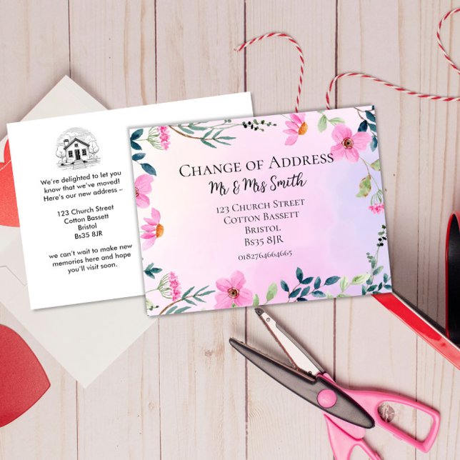 pink floral Change of address elegant new home Announcement Postcard (Creator Uploaded)