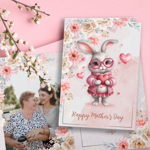 Pink Floral Charm  Love Bunny Photo Mothers Day Card