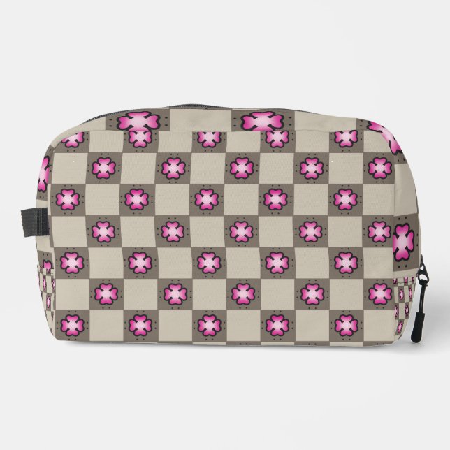 Pink Floral Checkerboard Pattern Dopp Kit (Front)
