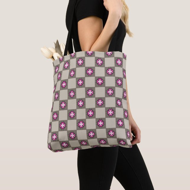 Pink Floral Checkerboard Pattern  Tote Bag (Close Up)