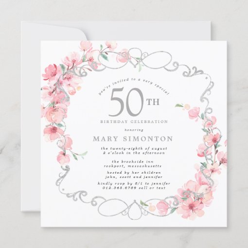 Pink Floral Cherry Blossom 50th Birthday Party Invitation | Zazzle