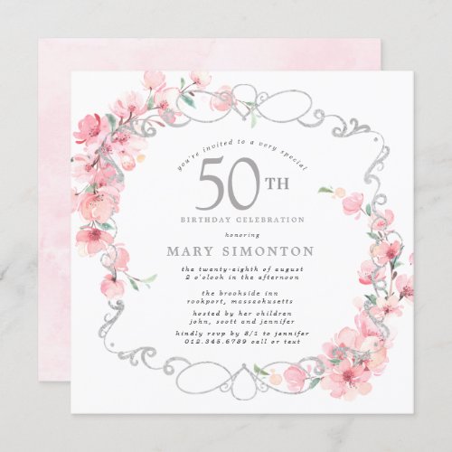Pink Floral Cherry Blossom 50th Birthday Party Invitation