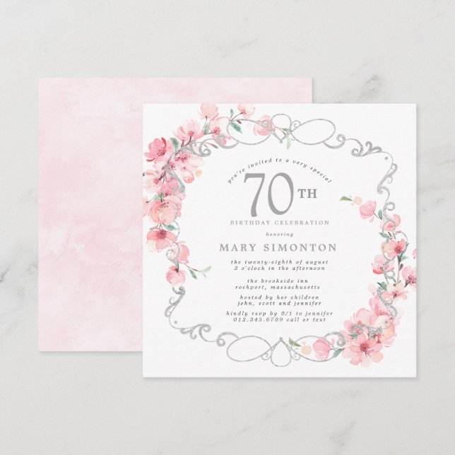 Pink Floral Cherry Blossom 70th Birthday Party Invitation (Front/Back)