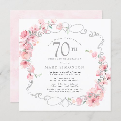 Pink Floral Cherry Blossom 70th Birthday Party Invitation