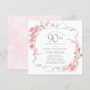 Pink Floral Cherry Blossom 90th Birthday Party Invitation