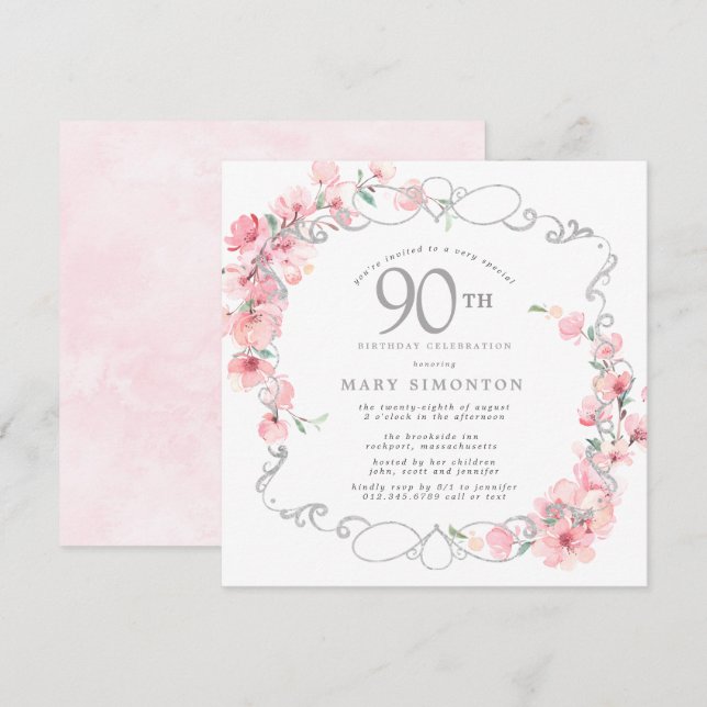 Pink Floral Cherry Blossom 90th Birthday Party Invitation (Front/Back)