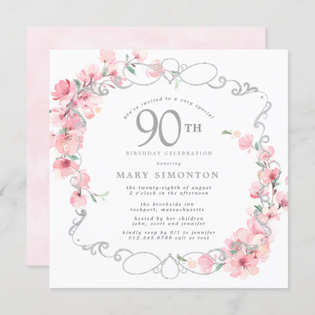 Pink Floral Cherry Blossom 90th Birthday Party Invitation | Zazzle