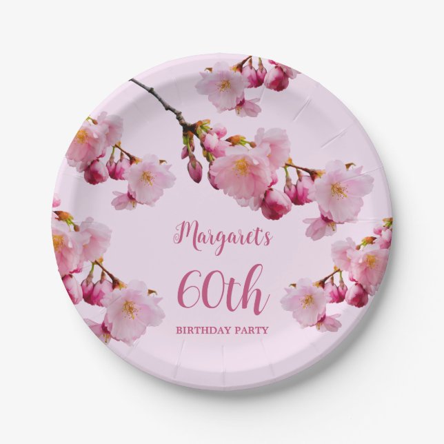 Pink Floral Cherry Blossom Sakura Birthday Party Paper Plates (Front)