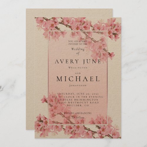 Pink floral cherry blossom spring wedding invitation