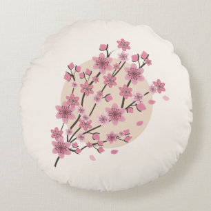 Pink Floral Cherry Blossom Tree Petals Round Pillow